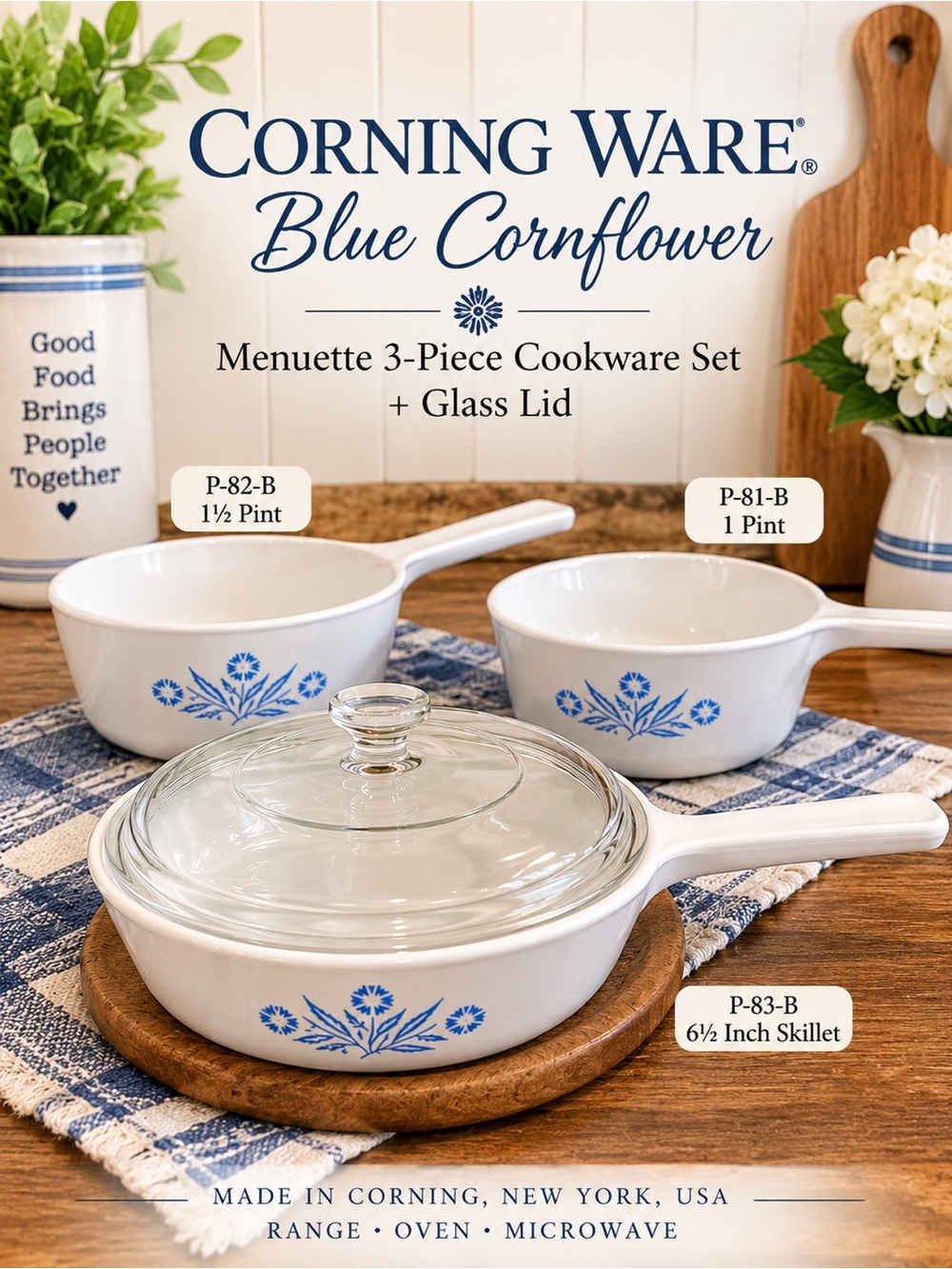 Vintage CorningWare Blue Cornflower Menuette 3-Piece Pan Set + Glass Lid | USA